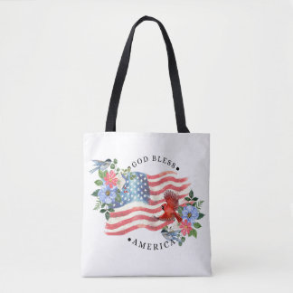 God Bless America Watercolor Vlag/Bloemen/Vogels I Draagtas