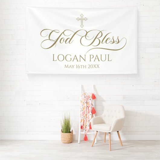 GOD BLESS gold banner backdrop  (Insitu)