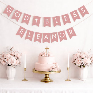 God Bless Meisjesnaam 7 Stof Roos Doop Eerste Comm Vlaggetjes