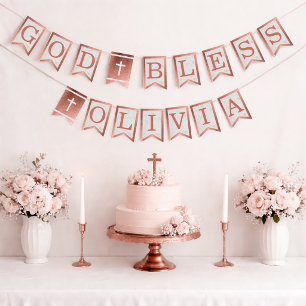 God Bless Naam Roze Goud Marmer Doop Eerste Commun Vlaggetjes