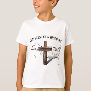 GOD BLESS ONZE RESERVES, robuust kruisbeeld en VS T-shirt