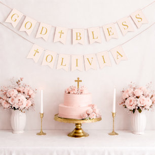 God Bless Roze & Goud 6 Letters Doop Eerste Commun Vlaggetjes