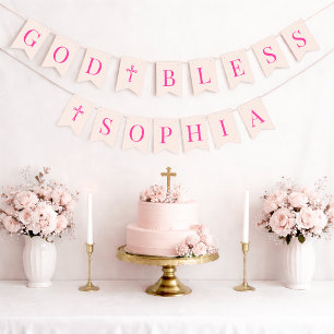 God Bless Roze Meisje 6 Letters Doop & Communie Vlaggetjes