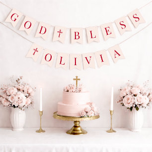 God Bless Roze & Rode 6 Letters Doop & Communie Vlaggetjes
