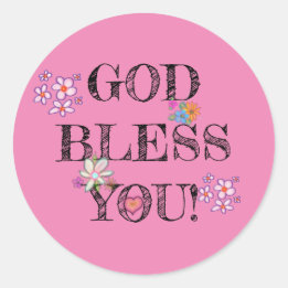 God Bless You Bloem Roze Ronde Sticker