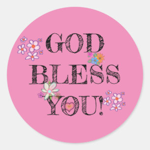 God Bless You Bloem Roze Ronde Sticker