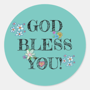 God Bless You Turquoise Bloemen Ronde Sticker