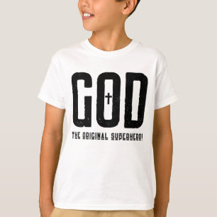 God de originele superheld Bijbelse kruis jongens T-shirt