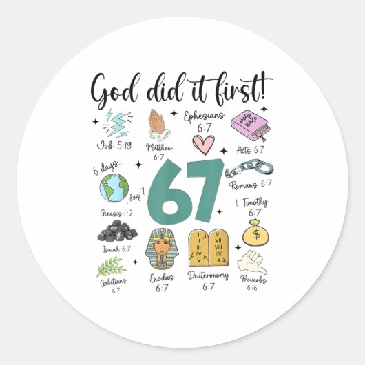 God Did It First 67 Meme Retro Christian Funny Fai Ronde Sticker (Voorkant)