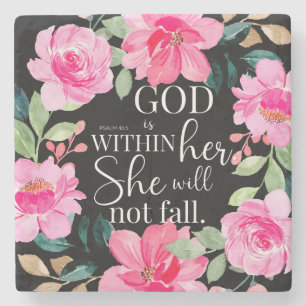 God is in haar - Psalm 46:5 Roze Bloem Stenen Onderzetter