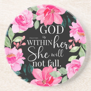 God is in haar - Psalm 46:5 Roze Bloem Zandsteen Onderzetter