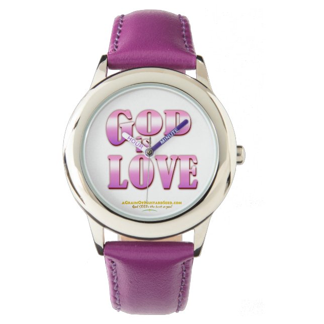 God is liefde Agrainofmustardseed.com Paarse Horloge (Voorkant)