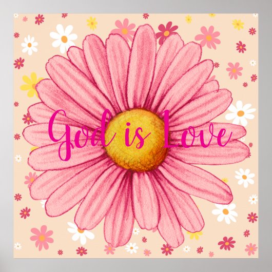 God is Liefde Kleurrijke Roze Zonnebloem Bijbel Qu Poster (Voorkant)