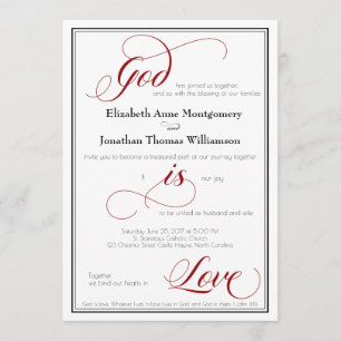 God is Love Graceful Red Script Weduwen Invitation Kaart