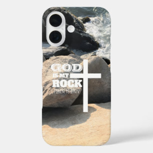 God is Mijn Rots Bijbelvers Wit Kruis Christelijk iPhone 16 Hoesje