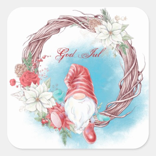 God Jul Gnome Wreath Vierkante Sticker (Voorkant)