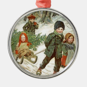"God jul!" of kleine kinderen in de sneeuw Metalen Ornament