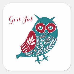 God jul Scandinavian Blue en Red Owl Vierkante Sticker