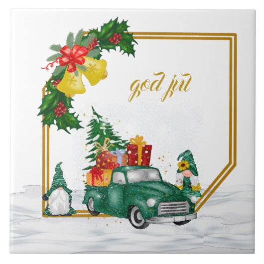 God jul Swedish Gnomen Green Couple Ceramic Tile Tegeltje (Voorkant)
