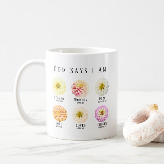 God Says I Am Affirmation Scripture Pastel Floral Koffiemok (Met donut)