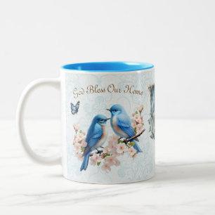 God zegene ons huis Bluebird Floral Damask Tweekleurige Koffiemok
