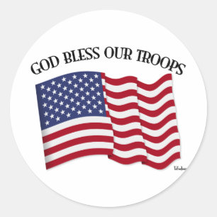 God zegene onze troepen met Amerikaanse vlag Ronde Sticker