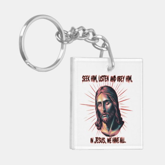 Goddelijke begeleiding: zoeken, luisteren, gehoorz sleutelhanger (Voorkant Links)