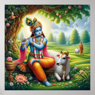 Goddelijke Blauwe Krishna Fluit Kunst Poster