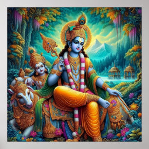 Goddelijke Blauwe Spirituele Krishna Kunst Poster