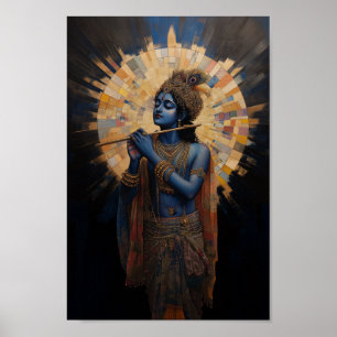 Goddelijke Heer Krishna speelt fluit Art Nouveau Poster