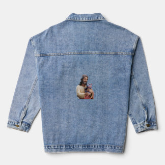 Goddelijke Jezus en Moo Deng in artistieke harmoni Denim Jacket