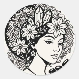 Goddelijke Vrouwelijke Mandala Art Floral Crystal  Ronde Sticker