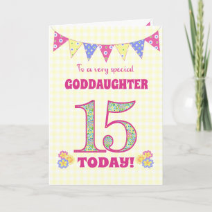 Goddochter 15th Birthday Primroses Bunting Kaart