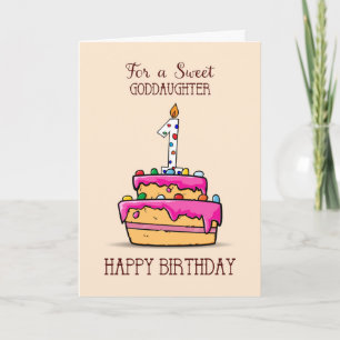 Goddochter 1st Birthday, 1 op de zoete roze Cake Kaart