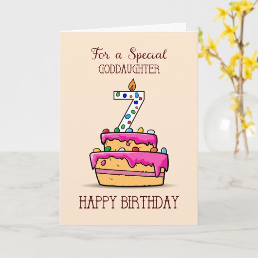 Goddochter 7e verjaardag, 7 op Sweet Pink Cake Kaart (Gele Bloem)