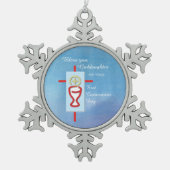 Goddochter, Eerste Heilige Communie, Turquoise Tin Sneeuwvlok Ornament (Voorkant)