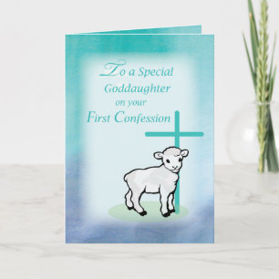 Goddochter First Confession Lamb Cross op Blauwgro Kaart