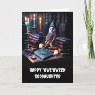 Goddochter Happy Halloween met Uil Magische Boeken Kaart