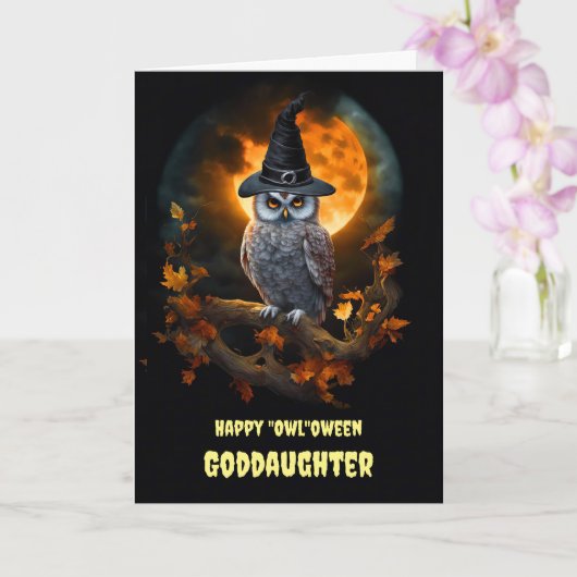 Goddochter Happy Halloween Uil en Pet Kaart (Orchidee)