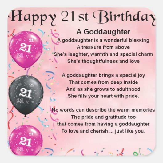Goddochter Poem - 21e Birthday Design Vierkante Sticker (Voorkant)