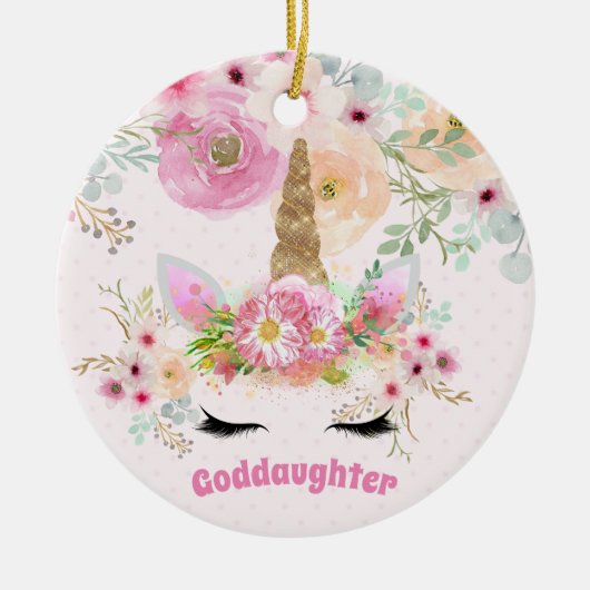 GODDOCHTER Roze Gouden Glitter Bloemen Eenhoorn Ge Keramisch Ornament (Voorkant)
