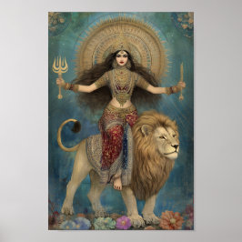 Godin Durga Rijden Leeuw Turquoise Gold Art Poster