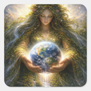 Godin Gaia houdt planeet aarde zachtjes vast Vierkante Sticker