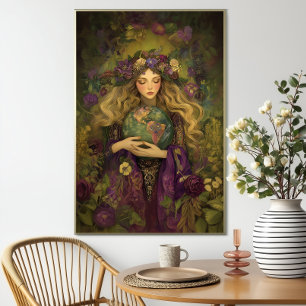 Godin Gaia Paars Groen Bloemmotief Aardemoeder Kun Poster