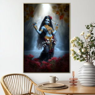 Godin Kali Ma Blauwe Bloemige Waterval Fantasie Ku Poster