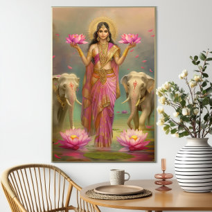 Godin Lakshmi: Roze Gouden Bloem Olifanten  Poster