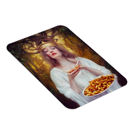 Godin met een bord vol poutine AI art Magneet (Rechterzijde)