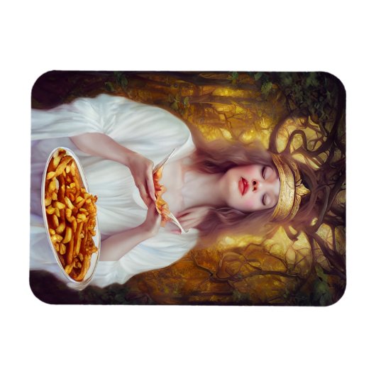 Godin met een bord vol poutine AI art Magneet (Horizontaal)