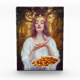 Godin met een bord vol poutine fotoblokken