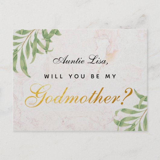 Godmother Proposal Foliage Marble Faux Gold Script Feestdagenkaart (Voorkant)